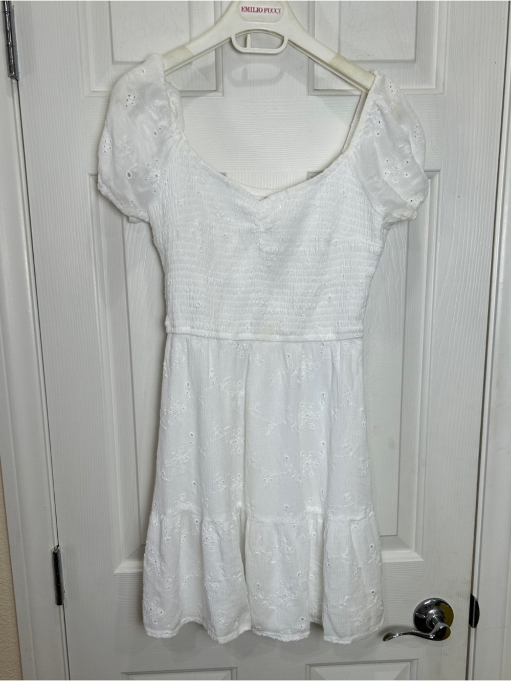 Hollister White Eyelet Smocked Mini Dress Puff Sleeve Size M